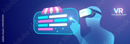 VR Technology enables virtual shopping experience. Silhouette in VR headset touches glowing interface simulating online store.