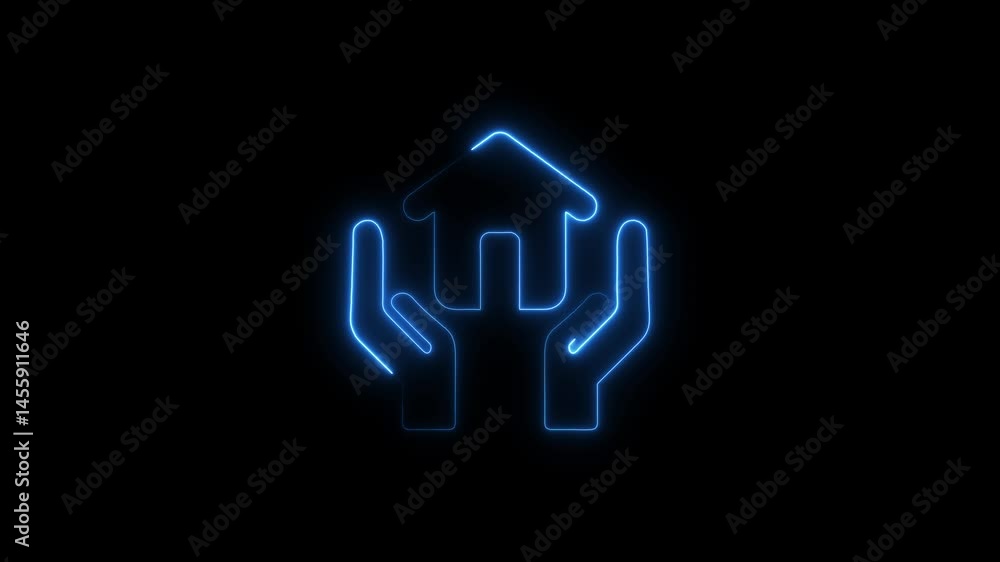 Animated blue neon symbol of a house being protected by two glowing hands Animated blue neon symbol of a house being protected by two glowing hands