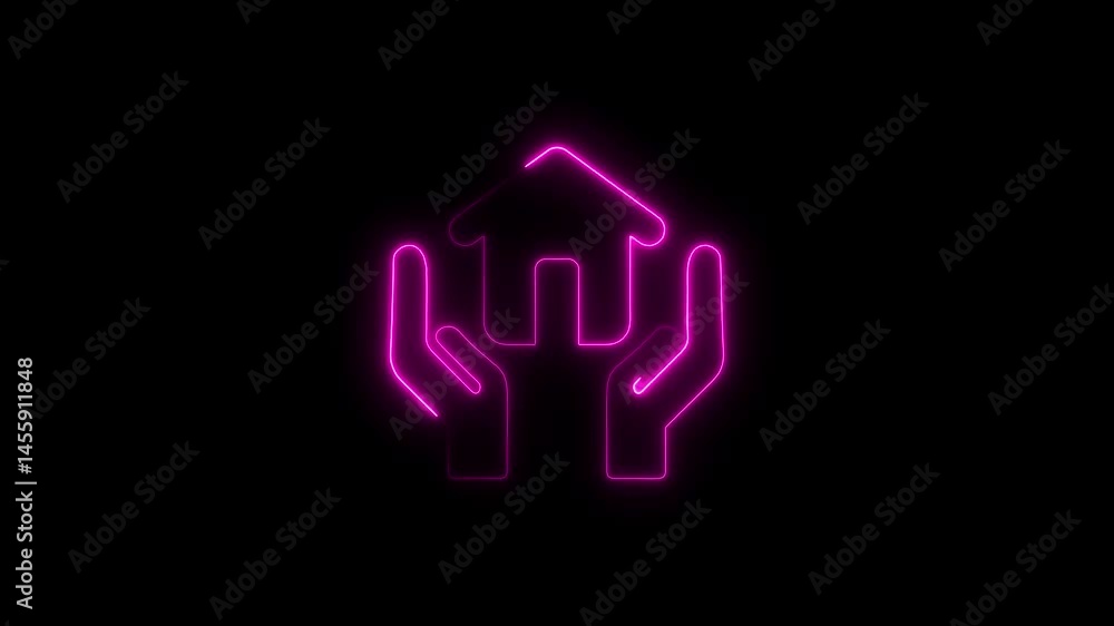 Glowing neon home protection concept with hands representing house insurance and security Glowing neon home protection concept with hands representing house insurance and security