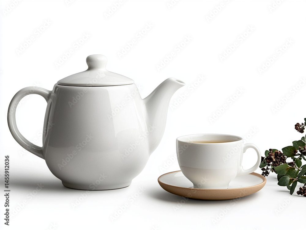 Simple image of a white ceramic teapot with a matching cup, on a pure white background Simple image of a white ceramic teapot with a matching cup, on a pure white background