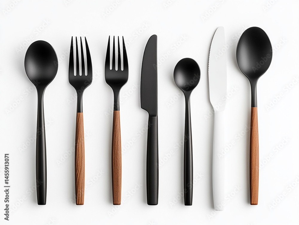 Set of stainless steel cutlery arranged flat, isolated on white, product layout. Set of stainless steel cutlery arranged flat, isolated on white, product layout.