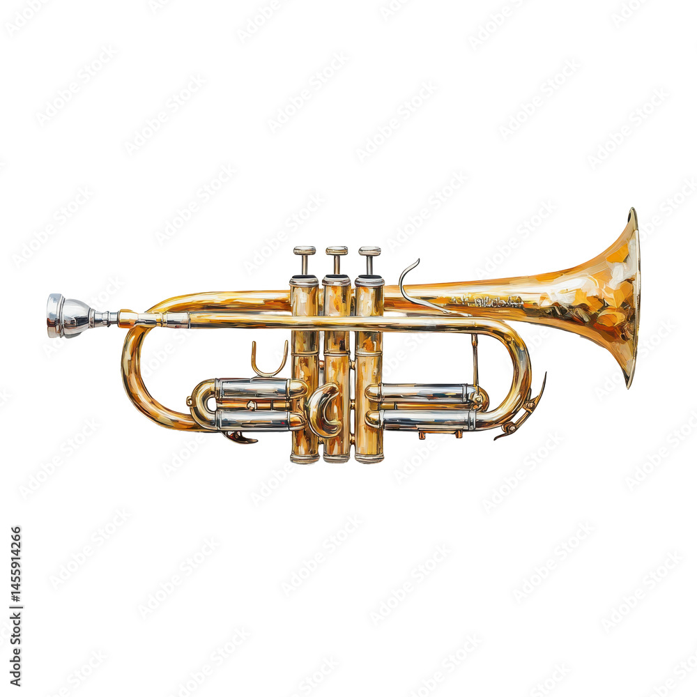 Obraz premium Trumpet resting on a surface highlighting the warm hues of brass and silver during a musical practice session in a cozy environment