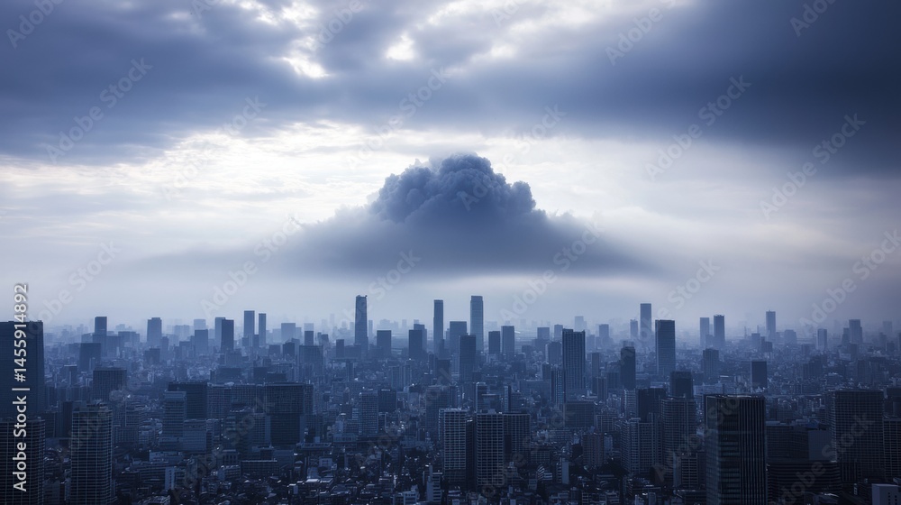 A dramatic cityscape with a large, dark cloud looming over the skyline. A dramatic cityscape with a large, dark cloud looming over the skyline.