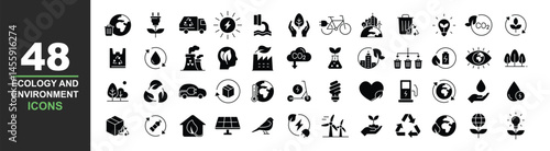 Ecology icons set. Vector illustration in modern solid style of environment related icons: sustainable future, recycling, green energy, and more. Black glyph symbol. Pictograms and infographics