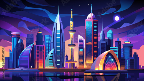 Beautiful skyline of Dubai city at night in United Arab Emirates