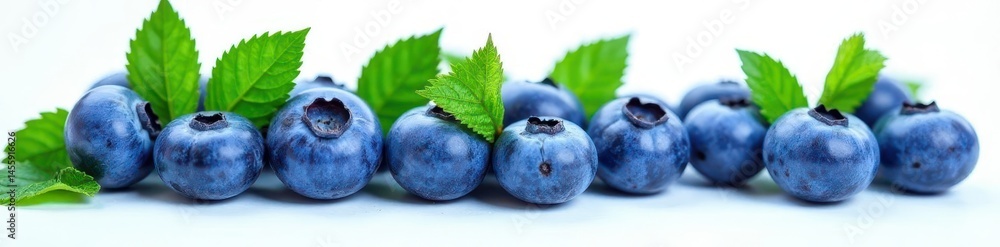 Obraz premium Juicy blueberries with vibrant green leaves on white , berries, colorful