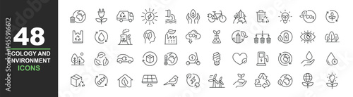 Ecology icons set. Vector illustration in modern thin line style of environment related icons: sustainable future, recycling, green energy, and more. Pictograms and infographics