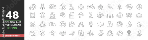 Ecology icons set. Vector illustration in modern thin line style of environment related icons: sustainable future, recycling, green energy, and more. Pictograms and infographics editable stroke