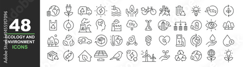 Ecology icons set. Vector illustration in modern thin line style of environment related icons: sustainable future, recycling, green energy, and more. Pictograms and infographics