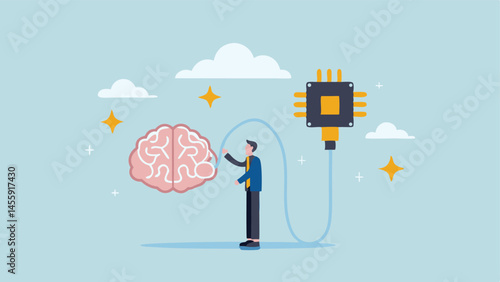 Man connecting brain to CPU innovative tech mind power digital future bright