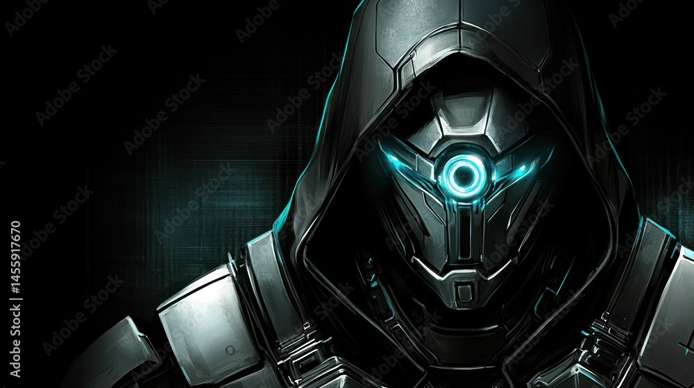 Fototapeta premium Futuristic robot in dark hooded suit glowing cyan lights digital painting