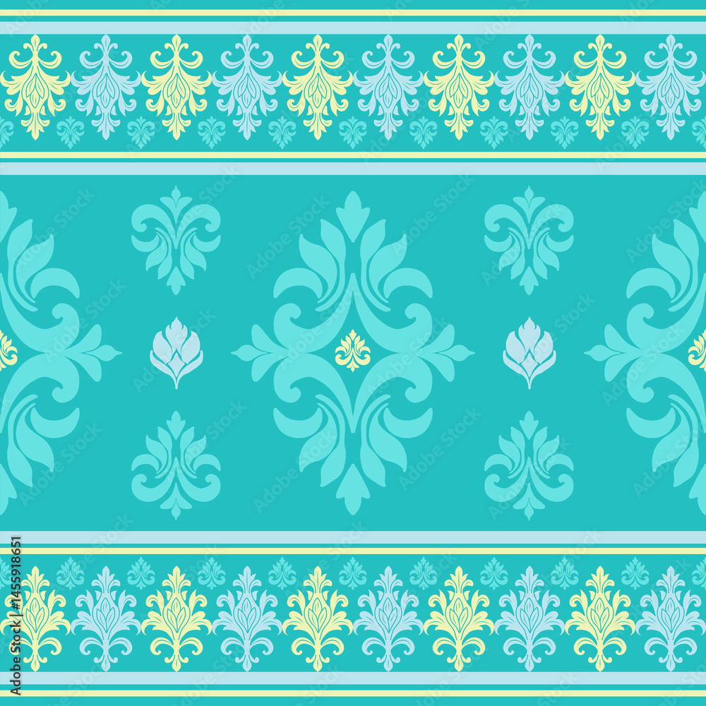 Bright and cheerful Thai fabric design in turquoise with intricate floral motifs and symmetrical layouts, reflecting traditional elegance.
Bright and cheerful Thai fabric design in turquoise with intricate floral motifs and symmetrical layouts, reflecting traditional elegance.