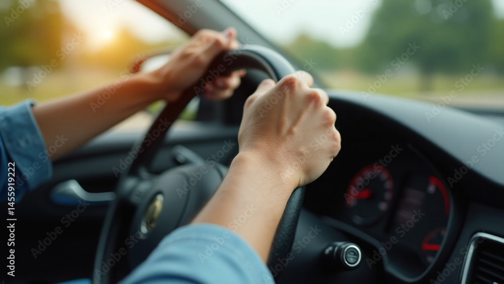 First driving lesson. Driver's hand on the steering wheel in tension. First driving lesson. Driver's hand on the steering wheel in tension.