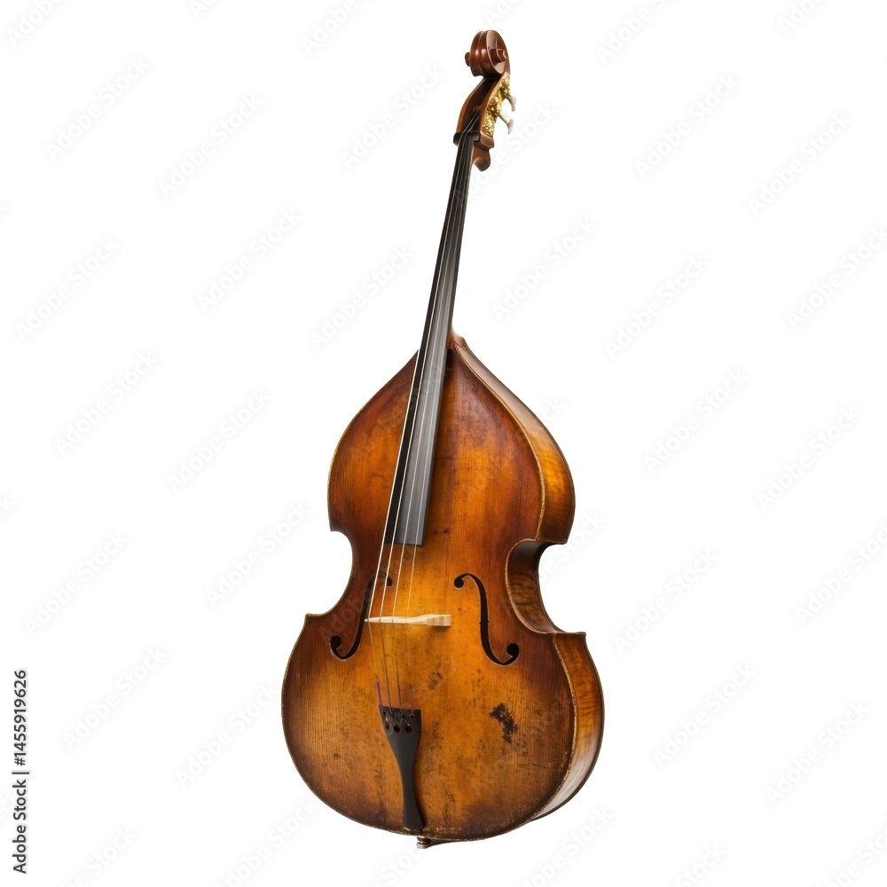 Fototapeta premium Upright bass displayed on a clean white background showcasing craftsmanship and unique wooden texture in detail