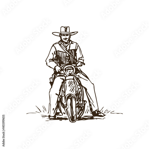 Modern Cowboy on Motorcycle – Western Fusion Vintage Sketch

