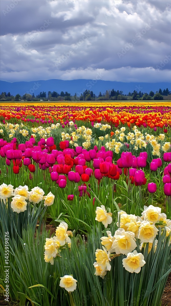 Fototapeta premium Colorful field with tulips and daffodils