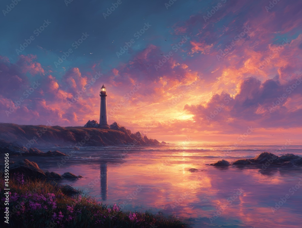 Fototapeta premium Serene Coastal Lighthouse at Sunrise with Calm Waters and Wildflowers