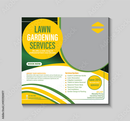Bright and modern social media pose template for promoting summer lawn care services. Ideal for social media posts, especially Instagram. Fully customizable, and perfect for seasonal market,