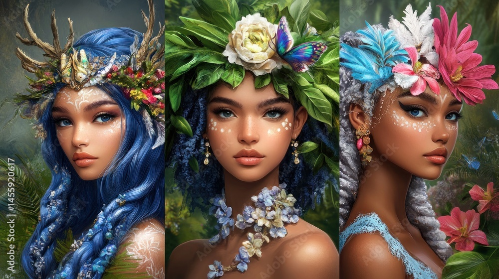 Obraz premium Trilogy of Nature's Enchantresses: A Digital Art Masterpiece