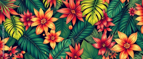 Retro floral seamless pattern featuring lush tropical palm leaves and foliage , decorative pattern, floral