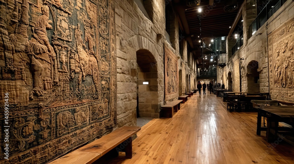 Fototapeta premium Indigo tapestries hang on the walls of a medieval hall, telling stories of battles and triumphs.
