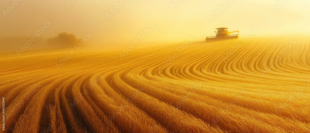 Fototapeta premium Harvester operates within golden wheat field enveloped in morning fog, symbolizing agricultural activity.