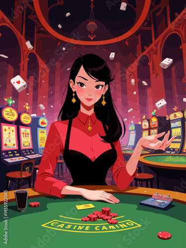  A woman is playing in the casino, she has her hand outstretched and on it theres red chips of gambling on green table