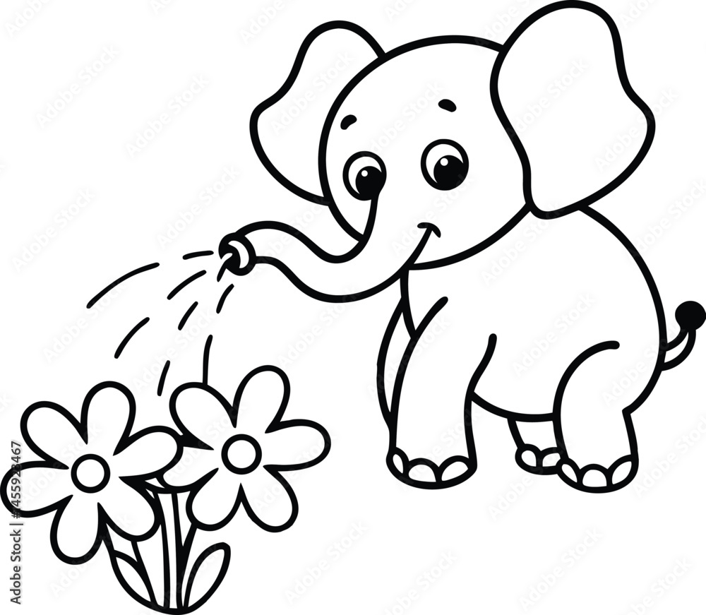Fototapeta premium A baby elephant spraying water from its trunk coloring page.