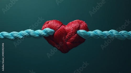 A red heart tied between two strands of blue rope.