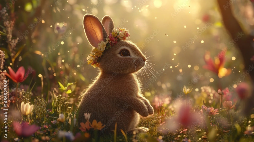 Naklejka premium Adorable bunny in flower crown spring meadow whimsical wildlife illustration