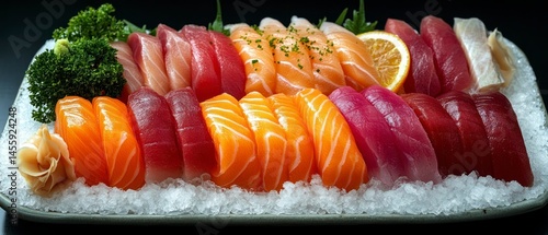 Wallpaper Mural Sushi nigiri, featuring salmon and tuna, is presented artfully on crushed ice, showcasing vibrant colors and textures. Torontodigital.ca