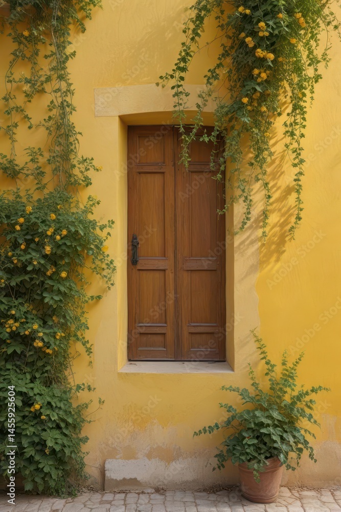 Fototapeta premium Yellow stucco wall, climbing vines, rustic colonial charm, sunlight , vine, rustic