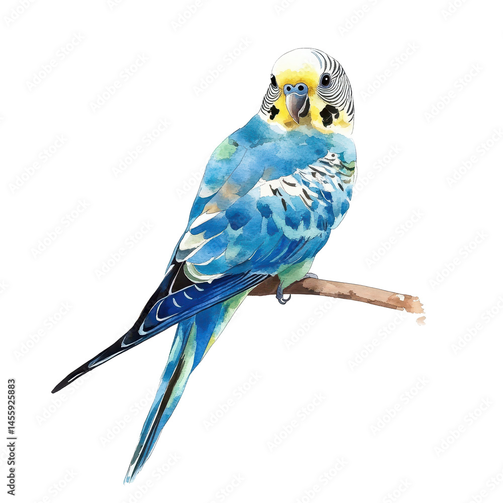 Obraz premium Colorful parakeet perched on a branch, showcasing vibrant feathers in a small, artistic illustration