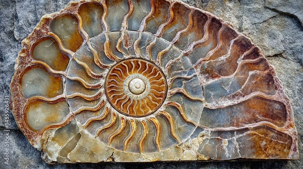 Detailed fossil ammonite shell embedded in stone, showcasing intricate patterns. Detailed fossil ammonite shell embedded in stone, showcasing intricate patterns.