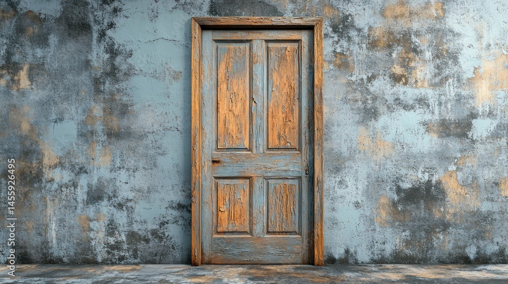 Fototapeta premium Vintage Wooden Interior Door with Intricate Panel Design and Weathered Blue Paint Set Against a Rough Textured Deteriorated Wall in Old Building