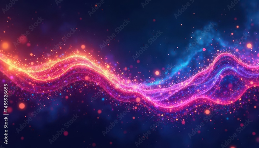 Obraz premium Abstract swirling colorful waves, glittering particles, cosmic nebula, dark background, cosmic, sparkling