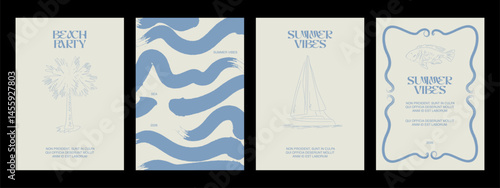 Abstract summer posters in art sketch doodle style with hand drawn elements: palm, fish and typography design. Trendy summer design for branding, ads, print, decor