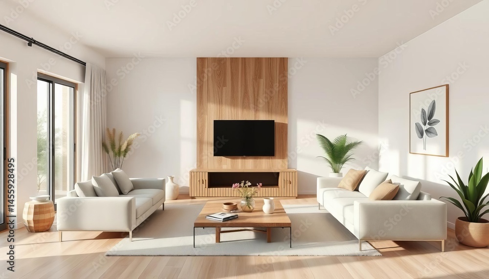 Fototapeta premium Serene minimalist living room with neutral palette and natural textures, airy, elegant