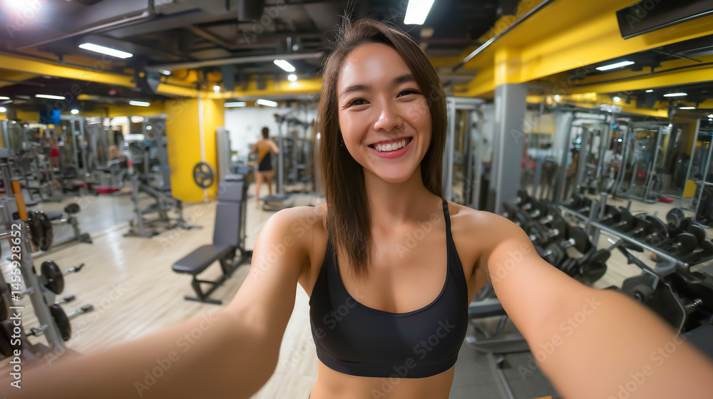 Fototapeta premium Cheerful fitness enthusiast take a selfie in a bright gym