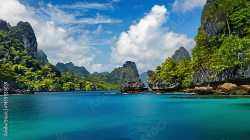 Beautiful blue ocean with mountains in the background. The mountains are covered in trees and the water is calm