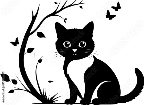 The image is a black and white vector illustration of a cat