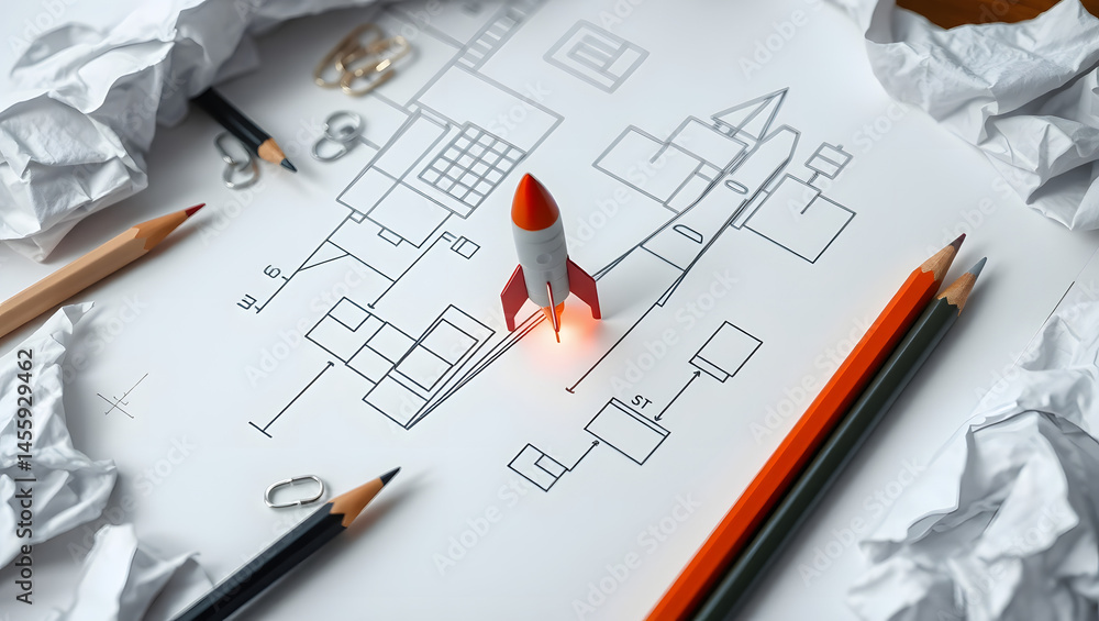 Miniature Rocket Model on Blueprint Startup Concept Miniature Rocket Model on Blueprint Startup Concept