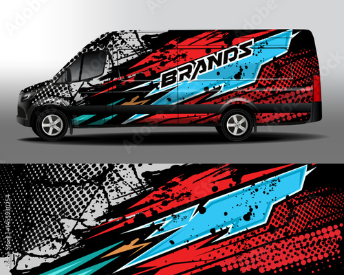 Delivery van vector design. Pop art car sticker. Abstract background with comic explosion and halftone dots in black, red and blue for vinyl car decal.