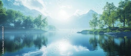 Majestic mountains preside over calm lake, reflected sunlight creating ethereal atmosphere.