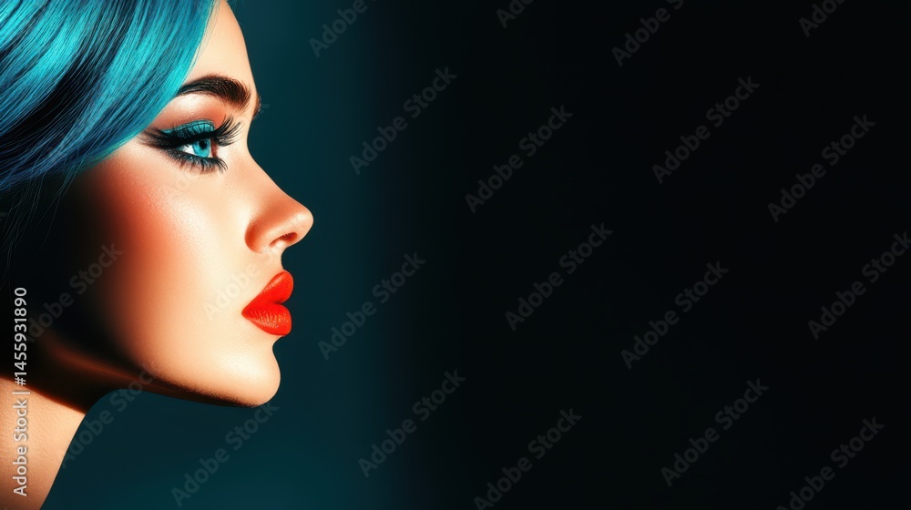 Blue Hair, Red Lips: A captivating profile shot of a woman with vibrant blue hair and bold red lipstick, her gaze directed towards something unseen.
