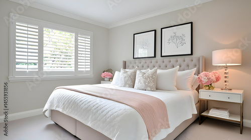 Light-filled master bedroom with a plush bed, blush accents, and stylish artwork.  A serene space with neutral tones and natural light