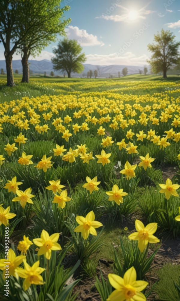 Fototapeta premium Cheerful yellow daffodils carpet a vibrant green meadow under a clear sky , rural, cheerful