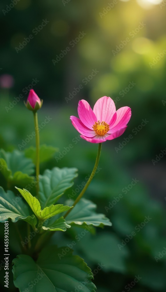 Single pink flower blooming quietly in garden's peaceful corner , petals, nature, peaceful Single pink flower blooming quietly in garden's peaceful corner , petals, nature, peaceful