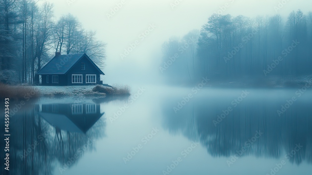 Fototapeta premium Opaline mist blankets a still lake, obscuring the surrounding landscape and creating an ethereal atmosphere.