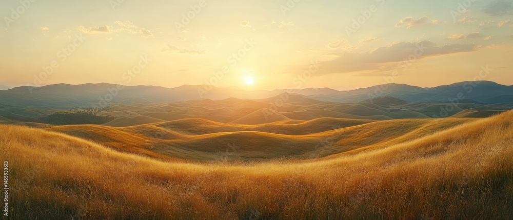 Obraz premium Landscape presents gentle hills illuminated by sunlight, suggesting calm tranquility in nature.